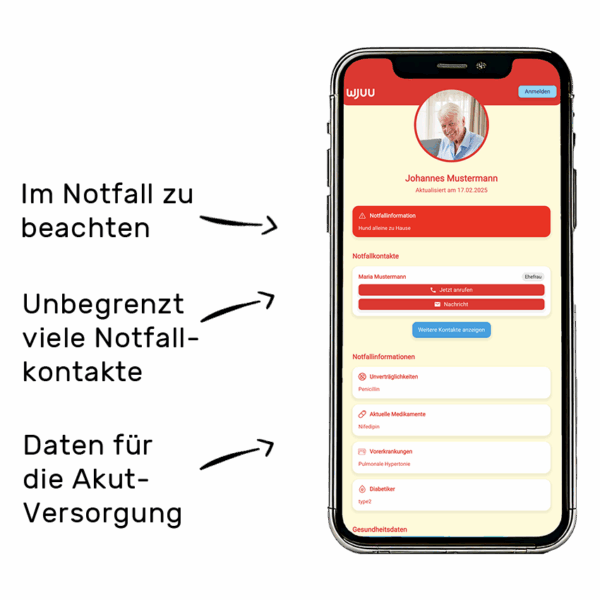 Notfallkarte als Schlüsselanhänger mit App Profilansicht
