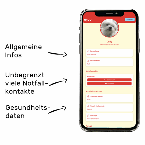 Notfallkarte Schlüsselanhänger Haustier alleine zu Hause mit App Profilansicht