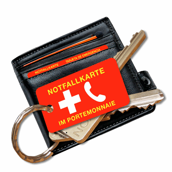 Notfallkarte im Portemonnaie im Querformat und Schlüsselanhänger