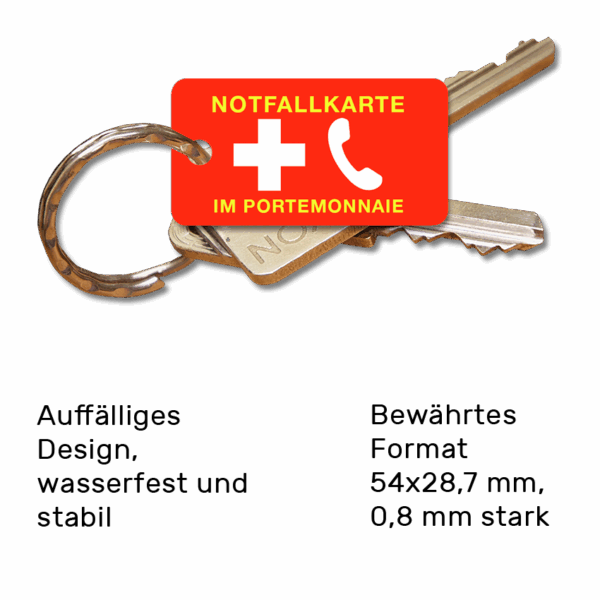 Schlüsselanhänger als Hinweis für Notfallkarte im Portemonnaie Vorderseite