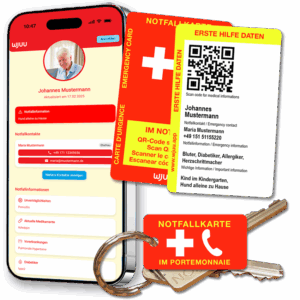 Notfallkarte im Kreditkartenformat mit Schlüsselanhänger mit App